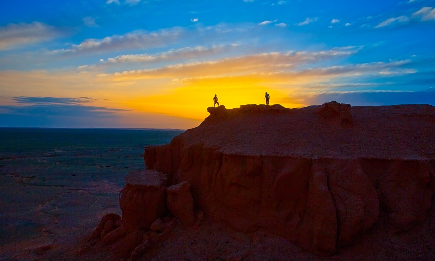 Sunset view over Flaming Cliffs Bayanzag in the Gobi Desert Mongolia
