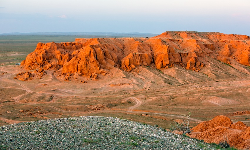 Flaming Cliffs Bayanzag in the Gobi Desert Mongolia, famous dinosaur fossil site